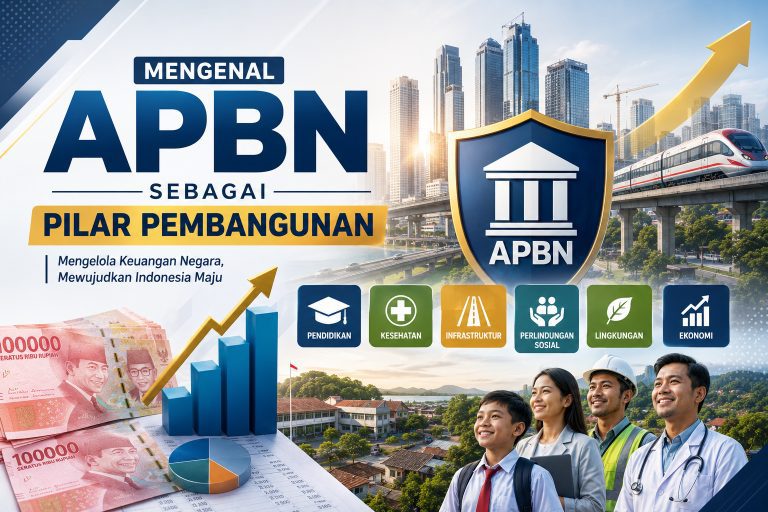 APBN as the pillar of development, with icons for education, health, infrastructure, social protection, environment, and economic growth